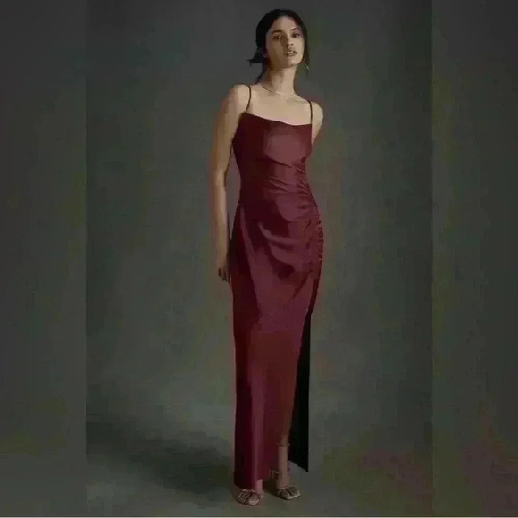 BHLDN DARK BERRY Women's Jennings Ruched Side-Slit Satin Gown - Picture 12 of 12